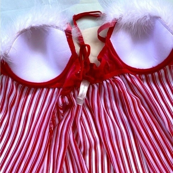 Inner Secrets Red White Stripe Feather Trim Babydoll Nightie Lingerie Sz S - Picture 4 of 12
